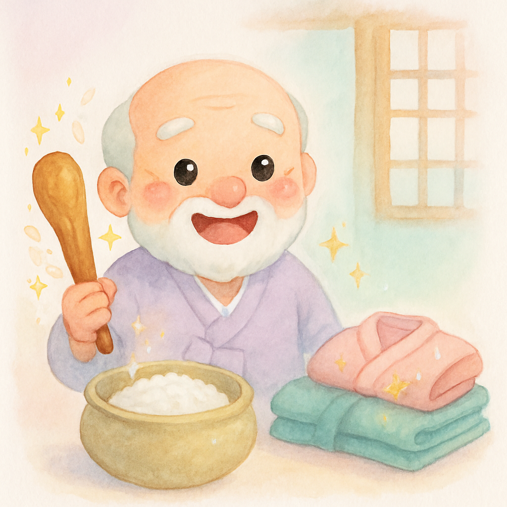 착한 할아버지가 방망이로 쌀과 옷을 나오게 하여 행복해하는 장면